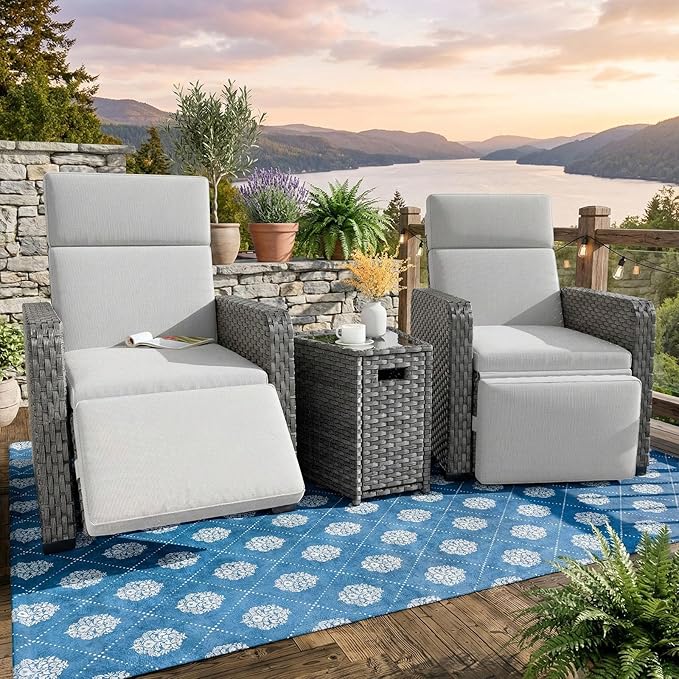 WACASA 3-Pieces Outdoor Recliners with Independent Dual-Control – 150° Lay-Flat Wicker Patio Armchair with Air Pump, Flip-Up Side Table, Extended Footrest & 5" Thick Fade-Resistant Olefin Cushions by WACASA