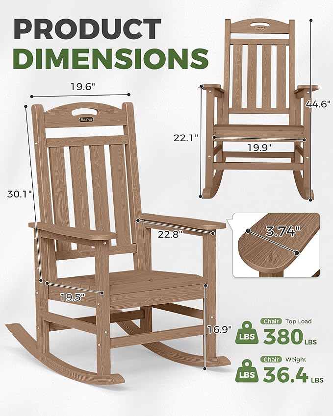 Oversized Rocking Chair Outdoor, High Back Porch Rocker Chair, HDPE All Weather Resistant Rocking Chairs for Patio, 386lbs Weight Capacity, Teak - Image 3