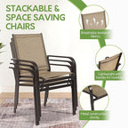 7 Piece Patio Dining Set for 6, 6 Stackable Textilene Chairs and 1 Dining Table Outdoor Furniture Set, Brown - Image 4
