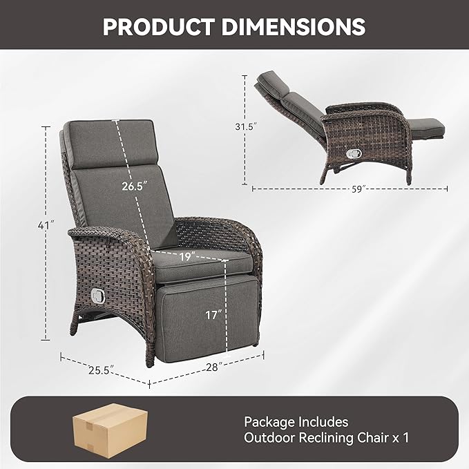 Zero Gravity Wicker Patio Recliner Chairs Set of 2 - Wicker Outdoor Lounge Chair with Adjustable Backrest & Footrest, All Weather Outdoor Reclining Chairs with Thick Cushion for Pool Deck Grey - Image 2