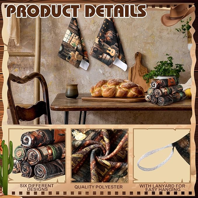 Breling 6 Pcs Western Cowboy Scene Kitchen Towel Wooden House Barn Vintage - Image 3