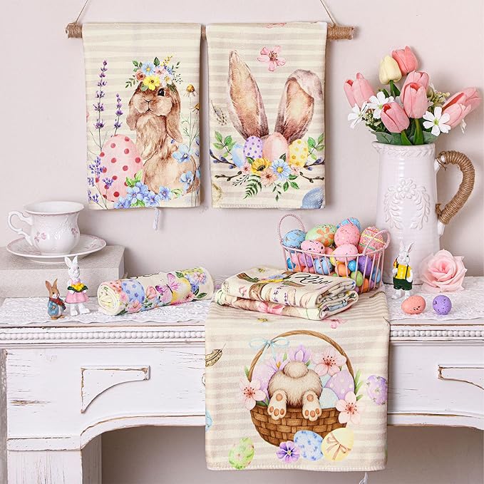 Breling Set of 6 Easter Decorations Happy Easter Kitchen Towels Rabbit Dish - Image 3