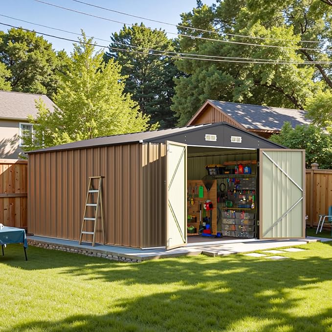 Patiowell 10 x 12 FT Metal Storage Shed for Outdoor, Steel Yard Shed with Design of Lockable Doors, Utility and Tool Storage for Garden, Backyard, Patio, Outside use,Brown by Patiowell