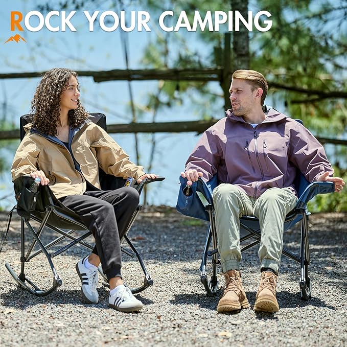 Portal Outdoor Rocking Chair Camping Folding Portable Rocker with Cup Holder Side Pocket Carry Bag, Support 350LBS, Blue - Image 3