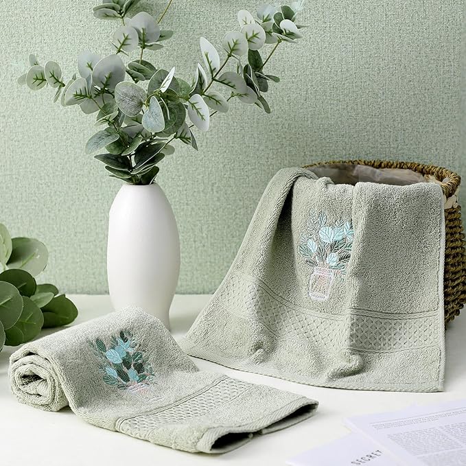 2 Pcs Eucalyptus Hand Towels Gray Green Bathroom Decor 14x29 Inch Embroidered - Image 4
