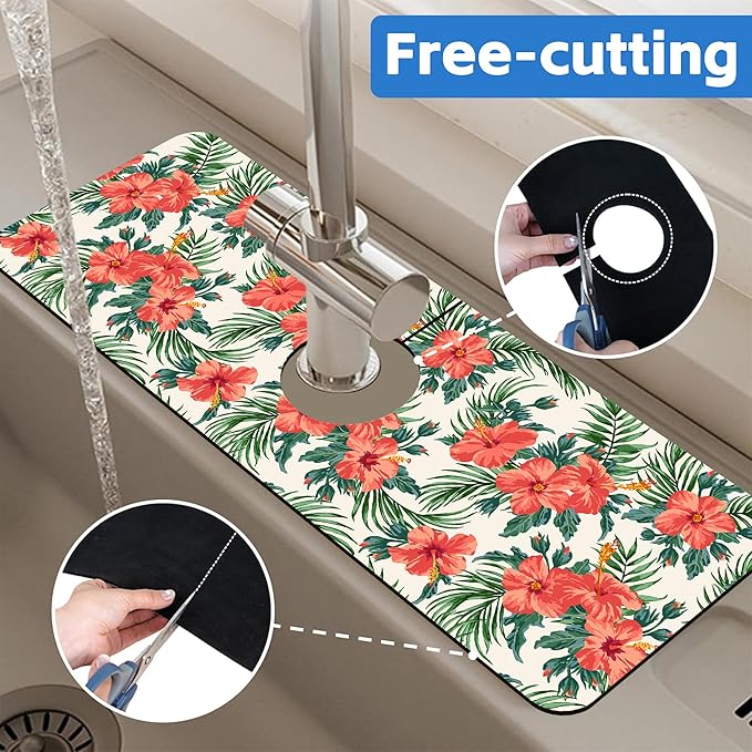 Tropical Leaves and Red Floral Kitchen Sink Splash Guard Mat Absorbent Fast - Image 7