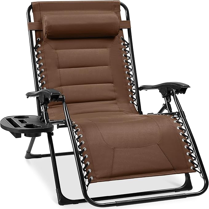Best Choice Products Oversized Padded Zero Gravity Chair, Folding Outdoor Patio Recliner, XL Anti Gravity Lounger for Backyard w/Headrest, Cup Holder, Side Tray, Polyester Mesh - Dark Brown by BestChoiceProducts
