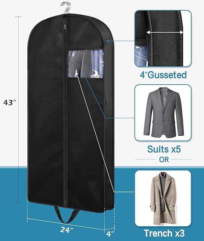 KIMBORA 43" Suit Bags for Closet Storage and Travel, Gusseted Hanging Garment - Image 2