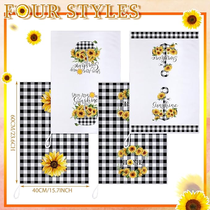 Bencailor 4 Pcs Sunflower Kitchen Towels Flower Hand Dish Towels Black and - Image 5
