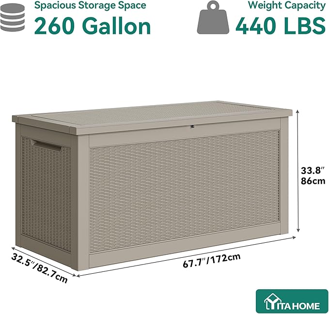 YITAHOME XXL 260 Gal Large Deck Box, Outdoor Resin Storage Box, Rattan Storage Container for Patio Furniture, Garden Tools, Waterproof, Lockable (Brown) - Image 6