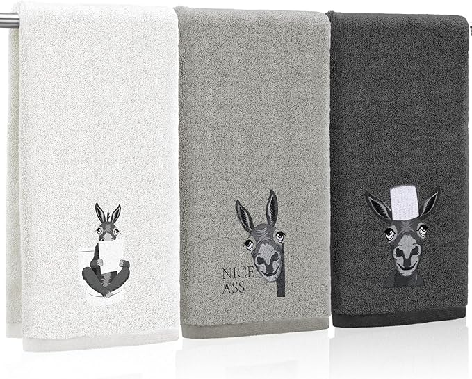 3 Pcs Funny Donkey Hand Towels Embroidered Donkey Farmhouse Decorative Bathroom by FuWeave