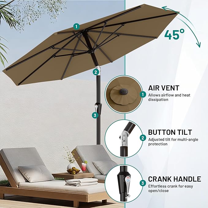 AreShark 9 FT Patio Umbrella for Outdoor, Outdoor Table Umbrella with Push Button Tilt and Crank, Outdoor Patio Umbrellas with 8 Sturdy Ribs for Market, Garden, Pool (Khaki) - Image 5