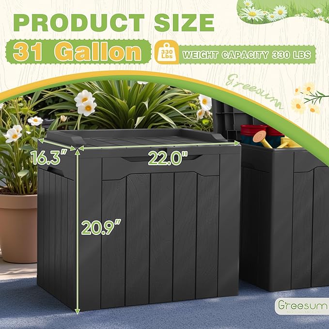 Greesum 31 Gallon Deck Box for Outside, All Weather Outdoor Storage Boxes for Patio Furniture Set, Package Delivery Box,Garden Tools, Gray(Set of 2) - Image 7