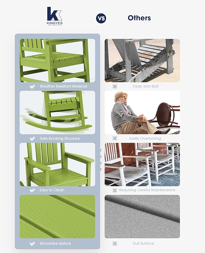 KINGYES Outdoor Rocking Chair Set of 2, High Density Polyethylene Patio Rocking Chairs with 330lbs Support for Adults, Pistachio Green - Image 5