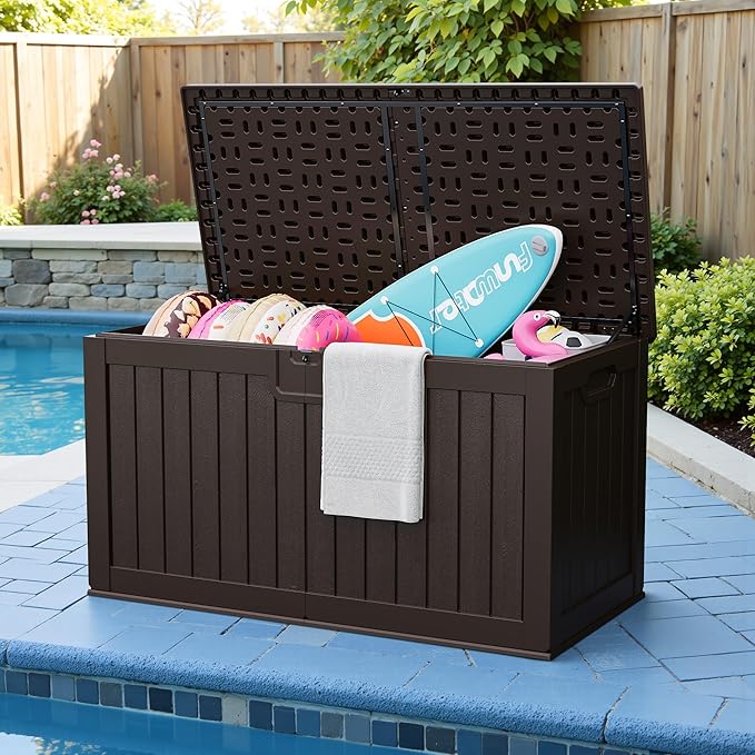 JUMMICO 250 Gallon Outdoor Resin Deck Box with Divider, Waterproof Storage Box with Lockable Lid&Side Handles for Garden Tools, Pools Supplies (Brown) - Image 7