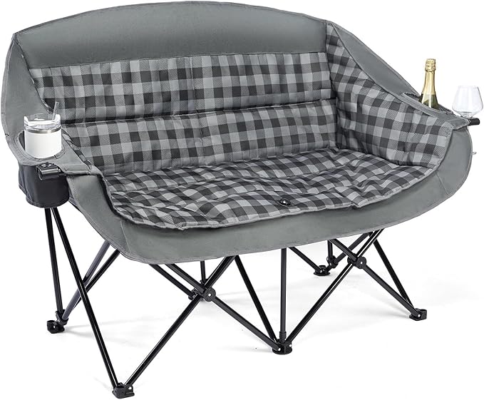 Double Camping Chairs Padded Loveseat Chair for 2 Person - Heavy Duty Oversized Camping Couch for Adults Outdoor Lawn Beach Portable Folding Sofa with Cup Holders Support 600lbs, Grey by PUVASIA