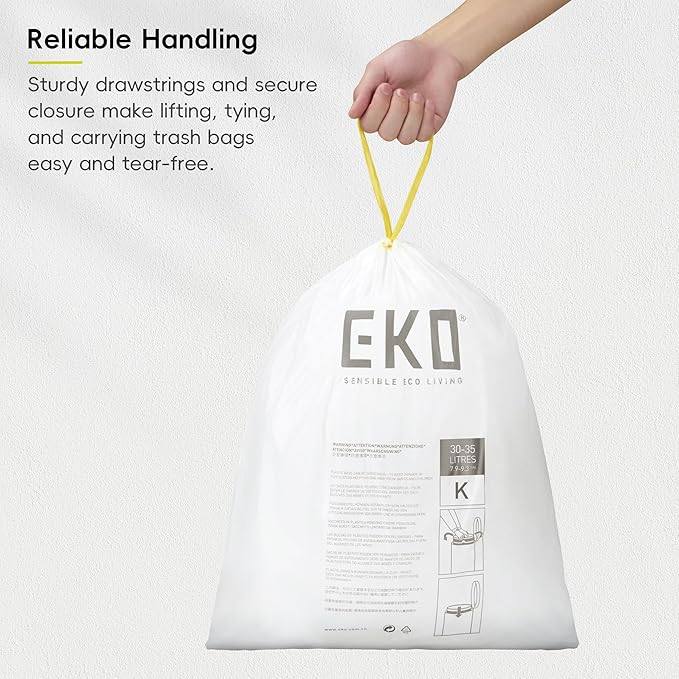 EKO 9.3 Gallon / 30–35 Liter Drawstring Trash Bags, Extra-Strong Leak-Resistant - Image 4