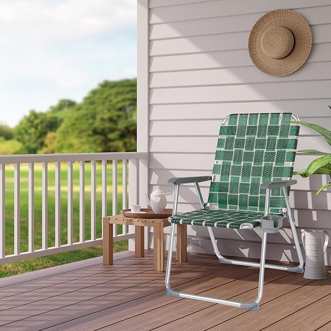 VINGLI Folding Webbed Oversized Lawn Chairs with Detachable Cup Holder, 300 LBS High Beach Chair for Adults Heavy Duty, Portable Aluminum Patio Chair for Yard, Garden, 2 Pack,Dark Green - Image 2