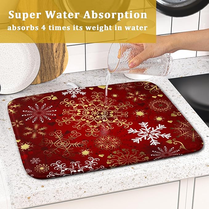 Red Snowflake Dish Drying Mat for Kitchen Counter Holiday Super Absorbent - Image 7
