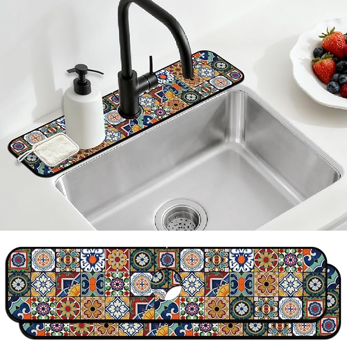 2 Pcs Kitchen Sink Splash Guard Faucet Mats Colored Bohemian Tiles Pattern by CONCHLERY%E6%97%97%E8%88%B0%E5%BA%97