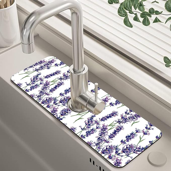 Watercolor Lavender Bunches Kitchen Sink Splash Guard Mat Absorbent Fast Drying by Unknown