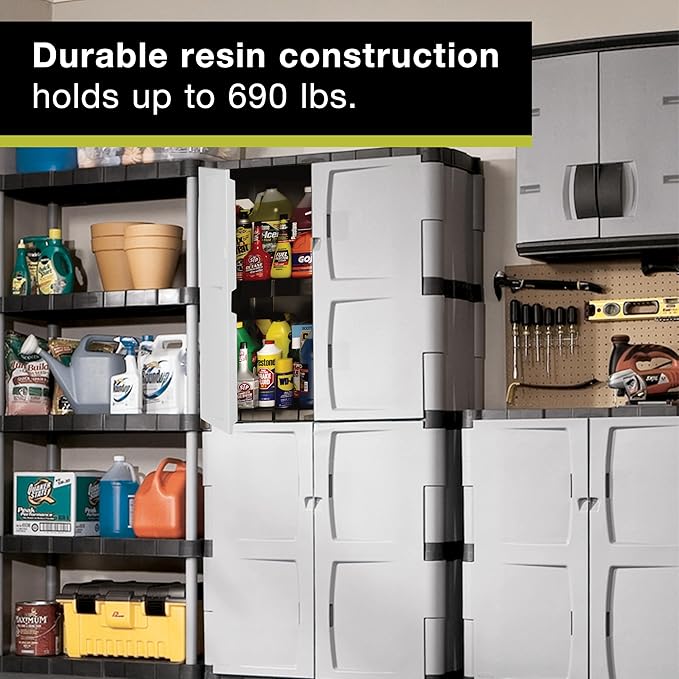 Rubbermaid Freestanding Storage Cabinet Five Shelf with Double Doors Lockable Large 690-Pound Capacity Gray For Garage/Outdoor Garden Tools/Toys/Power Tools/Pool Accessories Grey - Image 4