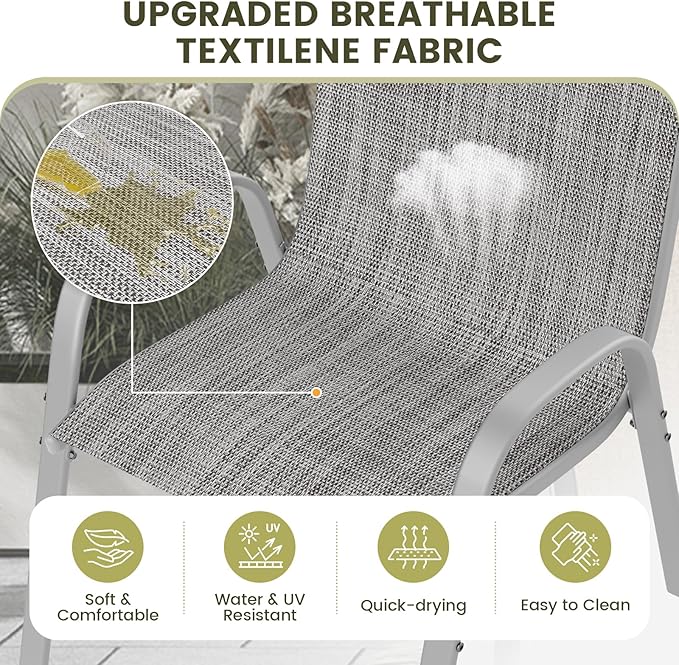 UDPATIO Patio Chairs Set of 2, Stackable Silver Outdoor Dining Chairs with High Back, Breathable Textilene Fabric Outdoor Chair All Weather, 350LBS Capacity for Garden, Backyard (Light Grey) - Image 4