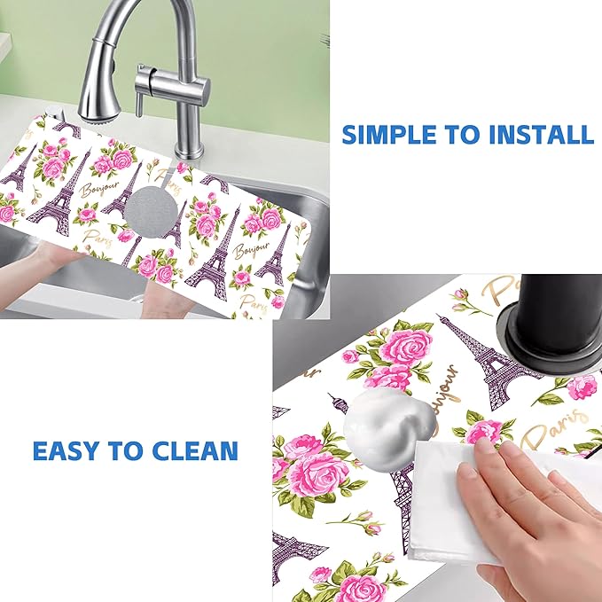 Romantic Eiffel Tower Roses Kitchen Sink Splash Guard Mat Absorbent Fast Drying - Image 5