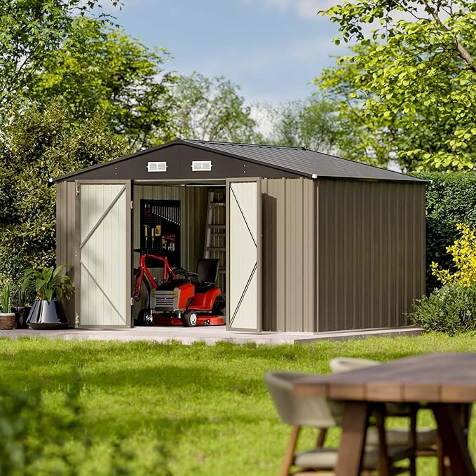 Patiowell 10 x 8 FT Outdoor Storage Shed, Large Garden Tool Metal Shed with Sloping Roof and Double Lockable Door, Outdoor Shed for Backyard Garden Patio Lawn, Brown - Image 2