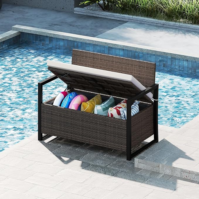 Tangkula 40 Gallon Outdoor Bench with Storage, Patio Wicker Storage Bench with Cushion, Cover, Metal Frame, Deck Box Seat for Backyard, Poolside, Balcony, Garden - Image 4