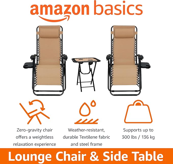 Amazon Basics Outdoor Textilene Adjustable Zero Gravity Folding Reclining Lounge Chair Set with Cup Holder, Side Table, Headrest, Weather-Resistant, 35 x 26 x 43 inches, Beige, 2-Pack - Image 4