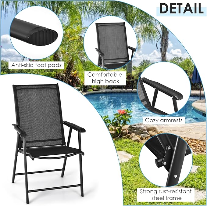 Giantex Set of 2 Patio Folding Chairs, Portable Outdoor Dining Chairs with Armrest for Porch Camping Pool Beach Deck Lawn Garden, Metal Frame, Black - Image 6