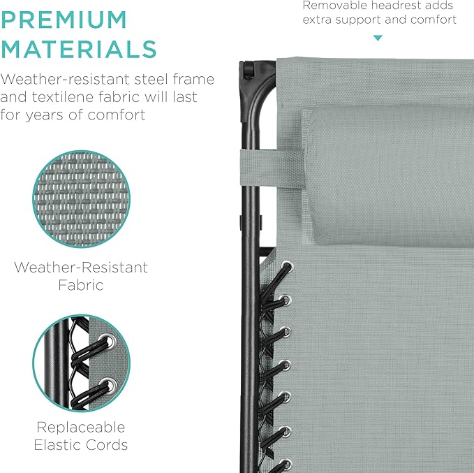 Best Choice Products Folding Zero Gravity Outdoor Recliner Patio Lounge Chair w/Adjustable Canopy Shade, Headrest, Side Accessory Tray, Textilene Mesh - Stardew - Image 6