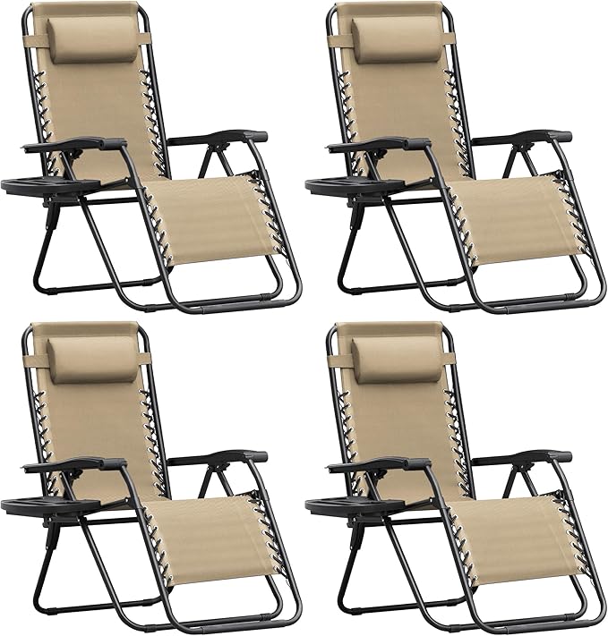 Homall Zero Gravity Chair Patio Folding Lawn Outdoor Lounge Gravity Camp Reclining Lounge Chair with Cup Holder Pillows for Poolside Backyard and Beach Set of 4 (Beige) by Homall