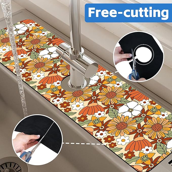 70s Retro Orange Floral Kitchen Sink Splash Guard Mat Absorbent Fast Drying Mat - Image 7