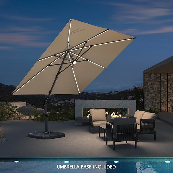 PURPLE LEAF 10 Feet Patio Umbrella with Base Outdoor Cantilever Solar Powered LED Square Umbrella Aluminum Offset Umbrella with 360-degree Rotation for Garden Deck Pool Patio, Beige - Image 2