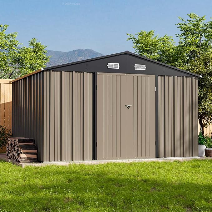 Patiowell 10 x 8 FT Outdoor Storage Shed, Large Garden Tool Metal Shed with Sloping Roof and Double Lockable Door, Outdoor Shed for Backyard Garden Patio Lawn, Brown by Patiowell