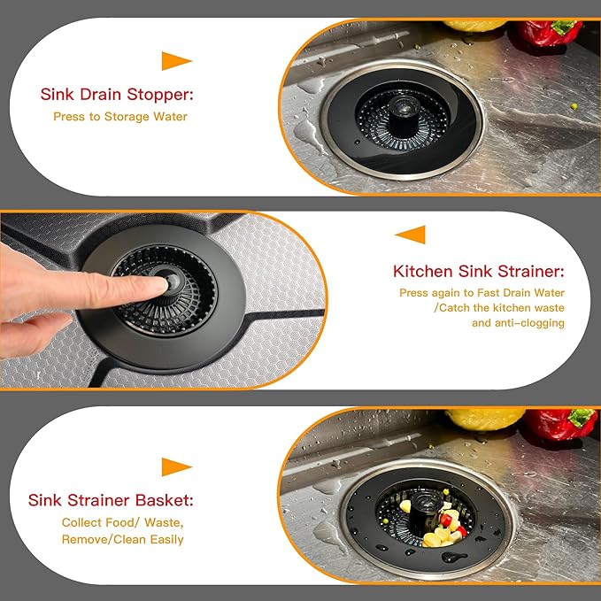 Kitchen Sink Drain Strainer 3 in 1, 304 Stainless Steel Pop Up Sink Stopper - Image 4
