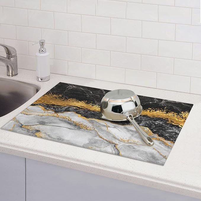 Gold and Black Grey Kitchen Drying Mat Black Gold Marble Decor Microfiber Dish - Image 2