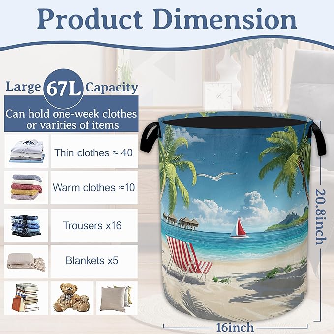 Tropical Beach Laundry Basket, Foldable Waterproof Oxford Cloth Tote Bag Hawaii - Image 2