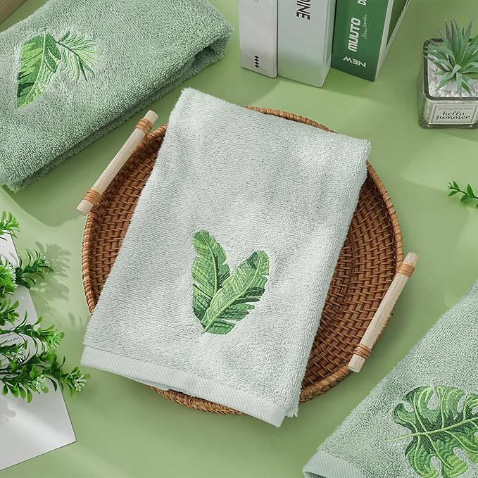 3Pcs Sage Green Gradient Hand Towels Tropical Palm Leaves Embroidered Cotton - Image 5