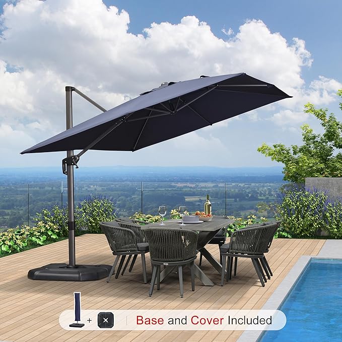 PURPLE LEAF 9'×11.5' Cantilever Patio Umbrella with Base Rectangle Offset Outdoor Umbrella Cover with Zipper for Garden Deck Pool Navy Blue - Image 2