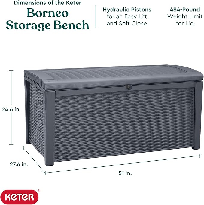 Keter Outdoor Storage Deck Box for Patio, Backyard & Garden, Borneo, 110 Gal, Grey - Lockable, Organizing, and Waterproof Plastic Container Bench - Image 3