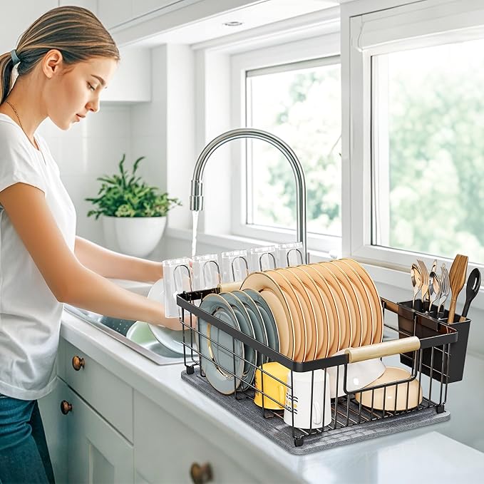 Dish Drying Rack Black with Diatomaceous Earth 1 Tier, Large Capacity Space - Image 6