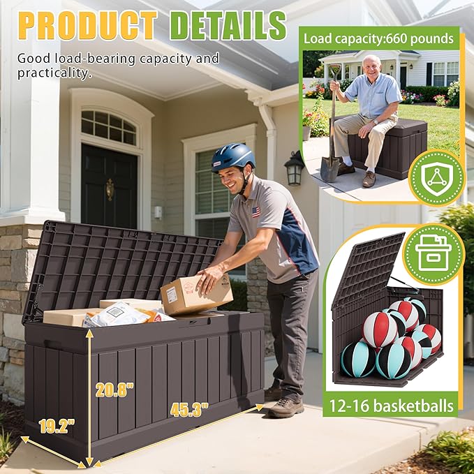 Greesum Outdoor Storage Box 82 Gallon Storage Bin with Lid for Patio Furniture, Garden Tools, Pool Supplies, Waterproof and UV Resistant, Lockable, Dark Brown - Image 6