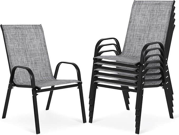 Outdoor Stackable Chairs Set of 6, Stacking Patio Chairs with Textilene Fabric, Outside Furniture for Garden Backyard Balconie Poolside Deck, Grey by Villeston