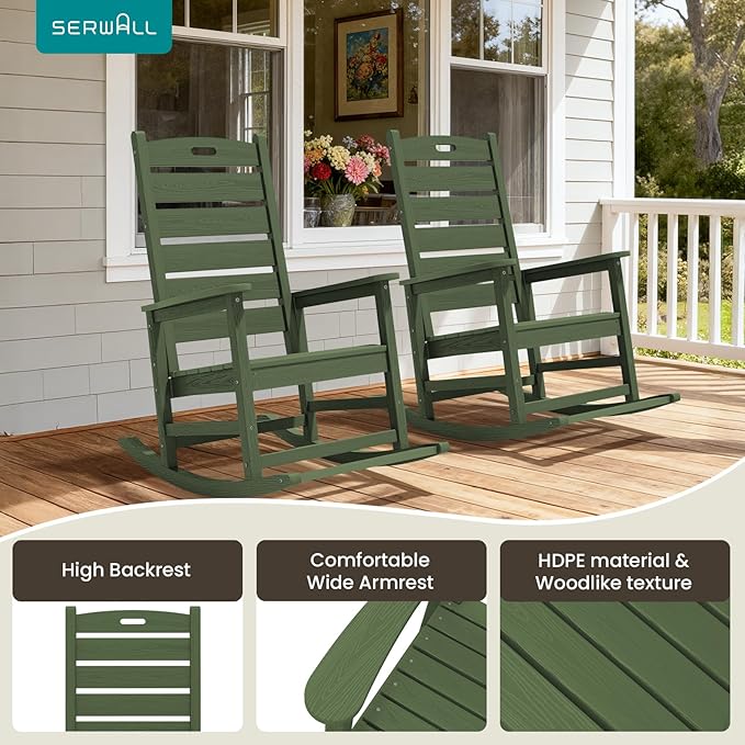 SERWALL Outdoor Rocking Chair, Oversized Rocking Chair with Footrest for Adults, HDPE All Weather Resistant Rocking Chairs for Patio, 350lbs Weight Capacity, Avocado Green - Image 9
