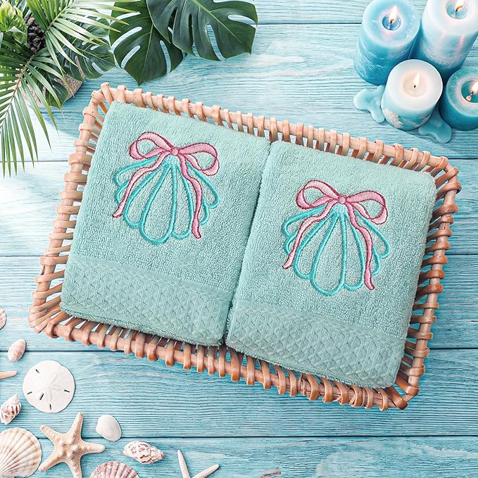 2 Pcs Shell Hand Towels Mint Blue Bathroom Decor 14x29 Inch Embroidered 100% - Image 2