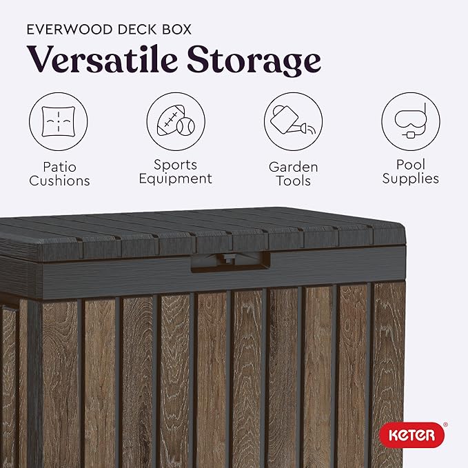 Keter Signature Everwood 50 Gallon Resin Deck Box for Outdoor Storage – Weather‑Resistant Balcony & Patio Box for Cushions, Throw Pillows & Garden Tools, Walnut - Image 2