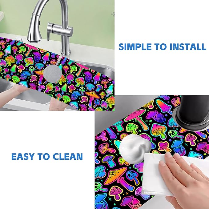 Bright Psychedelic Mushroom Kitchen Sink Splash Guard Mat Absorbent Fast Drying - Image 5